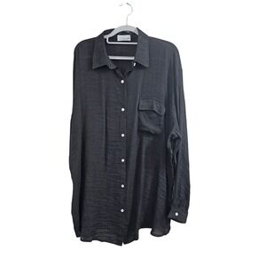 Zoye Chen Black Crinkle Textured Button Up Long Sleeve Shirt Coverup Women's XXL